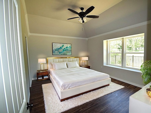 110 Saint Francis Ln, Mabank, TX 75156 - bedroom with dark wood-style flooring, baseboards, lofted ceiling, crown molding, and a ceiling fan