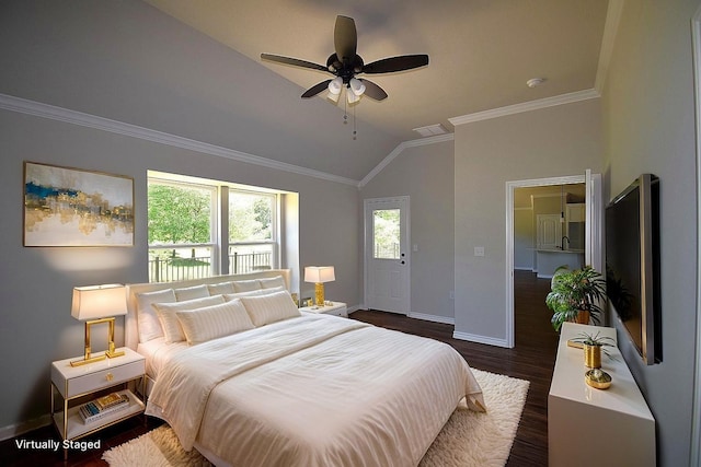 110 Saint Francis Ln, Mabank, TX 75156 - bedroom featuring baseboards, lofted ceiling, dark wood-style flooring, crown molding, and ceiling fan