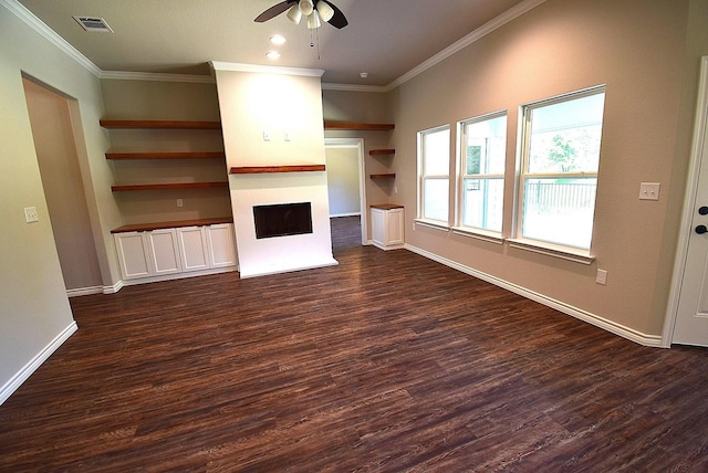 110 Saint Francis Ln, Mabank, TX 75156 - unfurnished living room with ceiling fan, crown molding, a fireplace, dark wood-type flooring, and baseboards