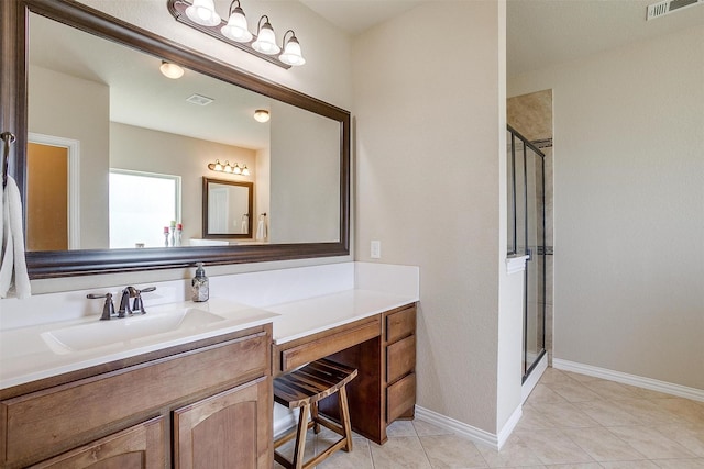 bathroom with vanity, visible vents, baseboards, a stall shower, and tile patterned floors