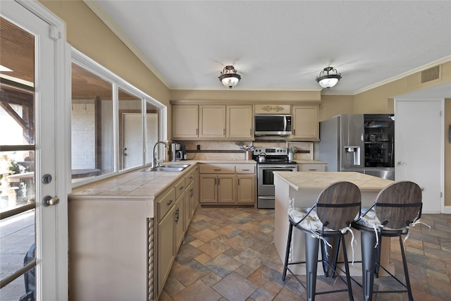 kitchen with a sink, stone finish flooring, tile countertops, appliances with stainless steel finishes, and decorative backsplash