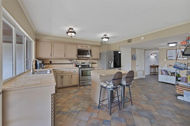 kitchen with tasteful backsplash, a breakfast bar, stone finish floor, stainless steel appliances, and a sink