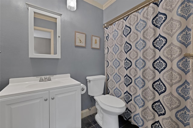 bathroom featuring tile patterned floors, a shower with curtain, toilet, baseboards, and vanity