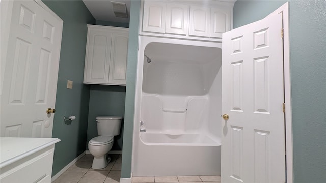 bathroom featuring baseboards, visible vents, tile patterned floors, toilet, and shower / bathtub combination