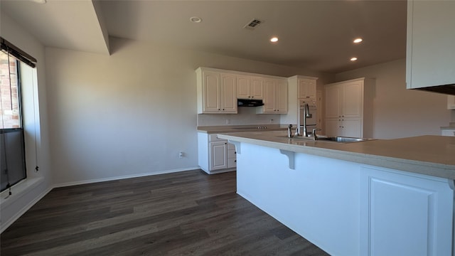 kitchen featuring white cabinetry, dark wood-type flooring, visible vents, and a sink