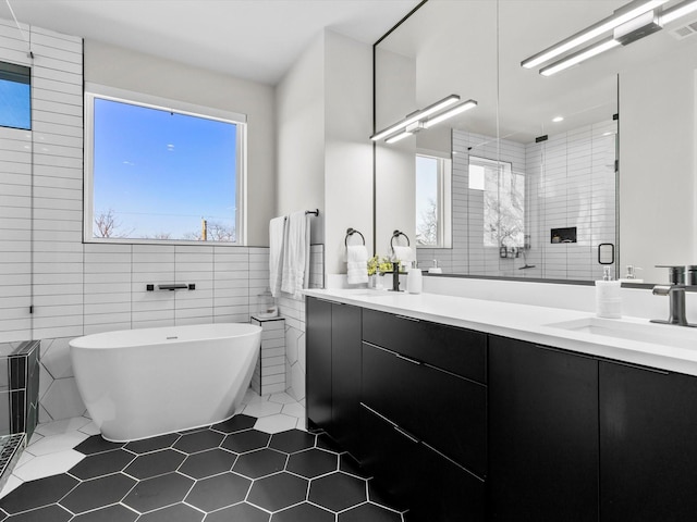 bathroom with double vanity, a shower stall, a freestanding bath, and a sink