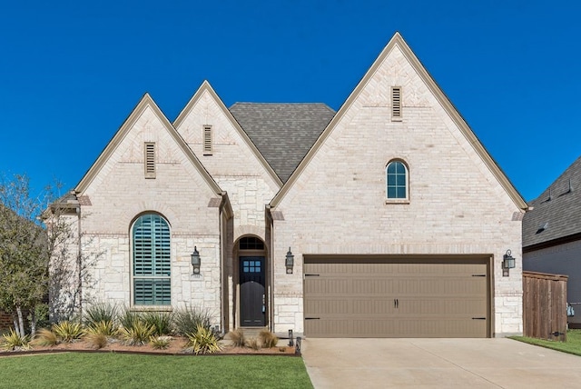 french provincial home featuring brick siding, a garage, driveway, and roof with shingles