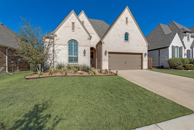 french country style house with a front yard, brick siding, an attached garage, and driveway