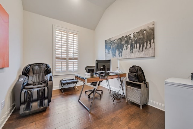 office with vaulted ceiling, baseboards, and wood finished floors