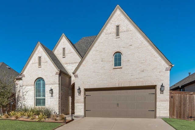 french country inspired facade with brick siding, driveway, a shingled roof, and fence