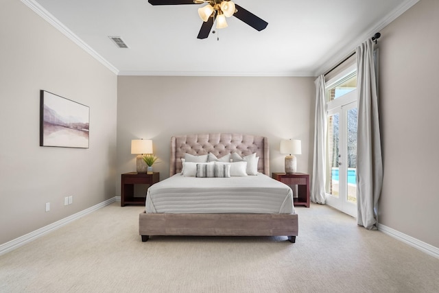 bedroom featuring baseboards, visible vents, ornamental molding, access to outside, and light colored carpet