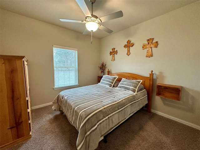 bedroom with carpet flooring, baseboards, and ceiling fan