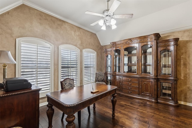 office with crown molding, baseboards, dark wood finished floors, lofted ceiling, and a ceiling fan