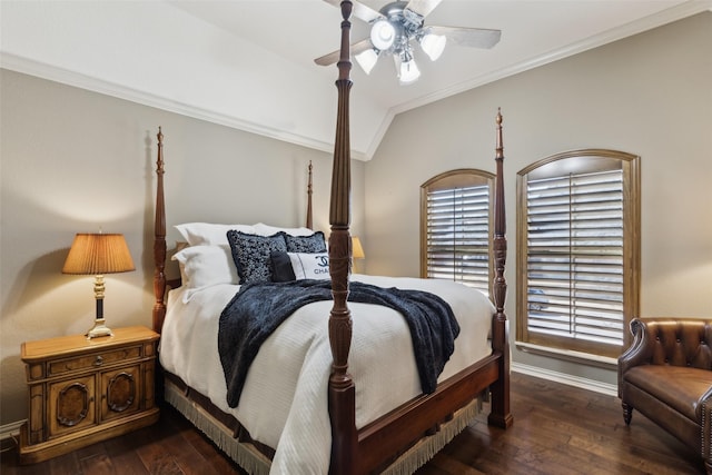 bedroom with multiple windows, ornamental molding, hardwood / wood-style flooring, baseboards, and vaulted ceiling