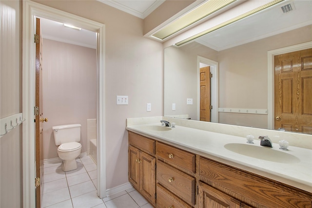 bathroom featuring tile patterned floors, ornamental molding, toilet, and a sink