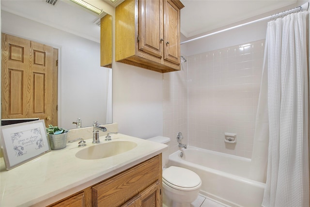 full bathroom with vanity, toilet, and shower / tub combo with curtain