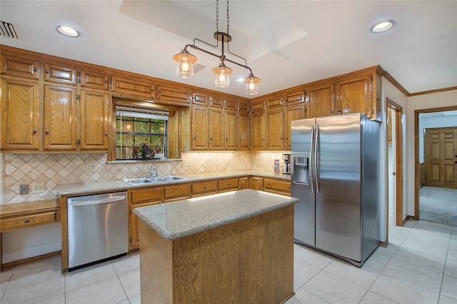 kitchen featuring a sink, stainless steel appliances, light tile patterned flooring, decorative backsplash, and hanging light fixtures