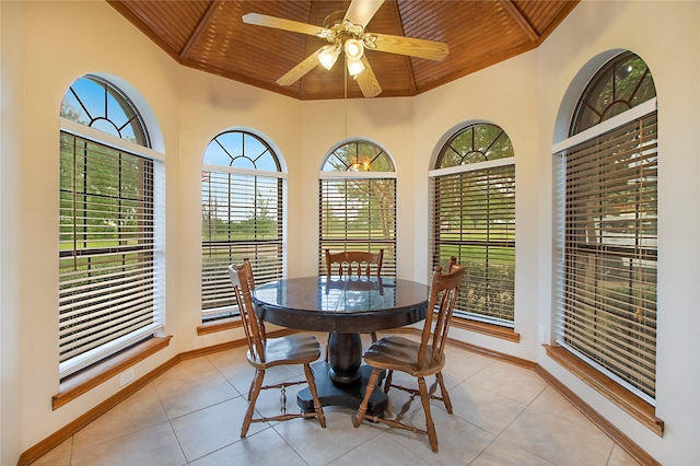 dining room with tile patterned flooring, wood ceiling, baseboards, and a ceiling fan