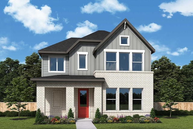 view of front of property with brick siding, board and batten siding, a front lawn, and fence