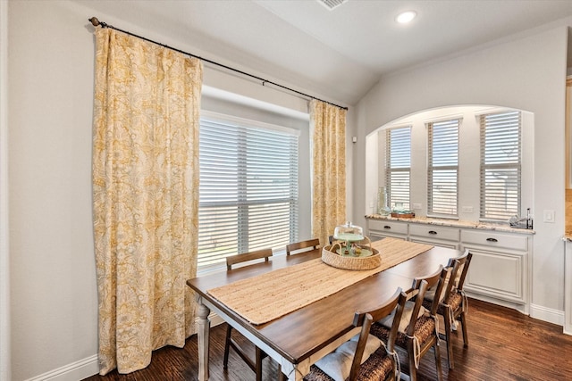 dining area featuring lofted ceiling, dark wood-style floors, and baseboards