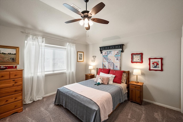 bedroom featuring a ceiling fan, baseboards, and carpet floors