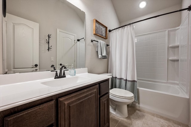 bathroom featuring toilet, shower / bath combo, vanity, and tile patterned flooring