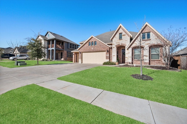 french country home with driveway, stone siding, a front yard, an attached garage, and brick siding