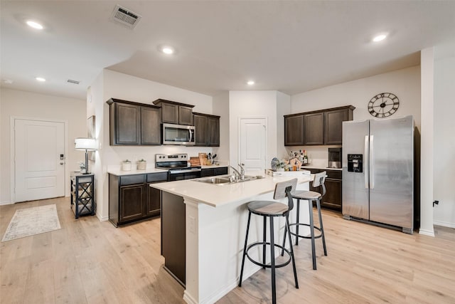 kitchen with a sink, visible vents, dark brown cabinetry, and appliances with stainless steel finishes