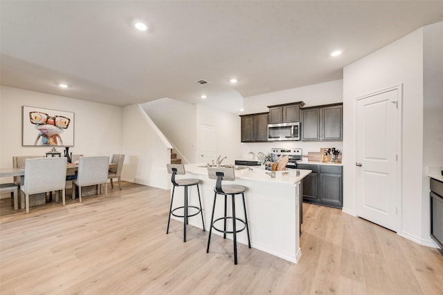 kitchen featuring visible vents, a center island with sink, a breakfast bar, light wood-style flooring, and appliances with stainless steel finishes