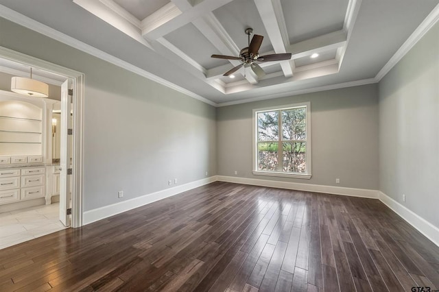 spare room with ceiling fan, baseboards, ornamental molding, wood finished floors, and coffered ceiling