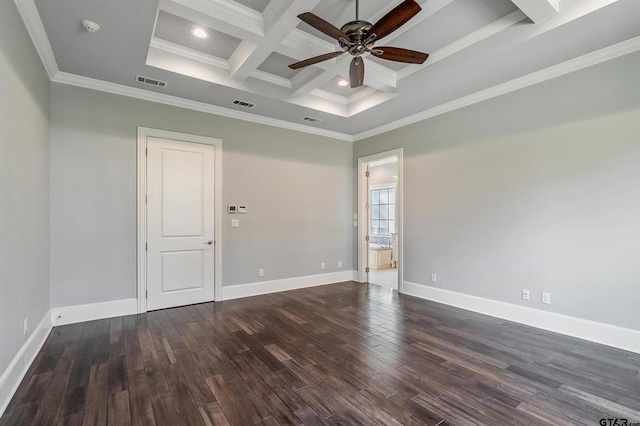 spare room featuring visible vents, dark wood-type flooring, baseboards, ornamental molding, and coffered ceiling