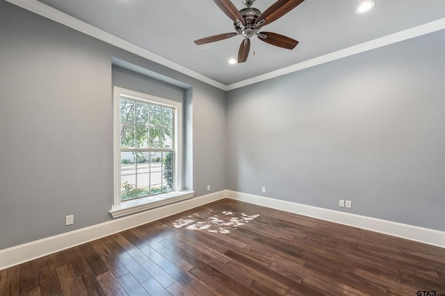 unfurnished room featuring crown molding, baseboards, recessed lighting, a ceiling fan, and dark wood-style flooring