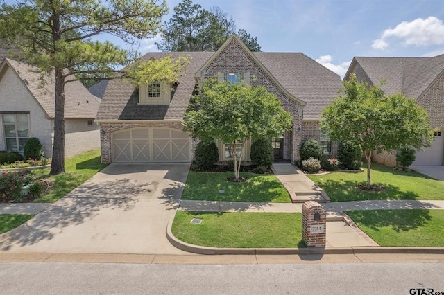 view of front of house featuring driveway, brick siding, a front yard, and a shingled roof