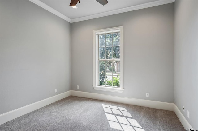 carpeted empty room with ceiling fan, baseboards, and ornamental molding