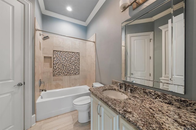 full bath featuring toilet,  shower combination, ornamental molding, and vanity