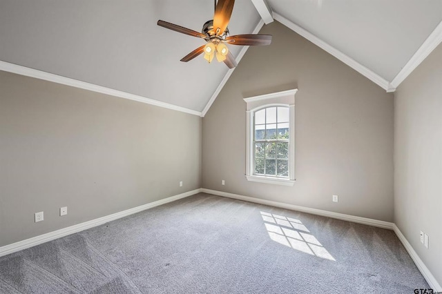 bonus room featuring ceiling fan, baseboards, carpet, beam ceiling, and high vaulted ceiling