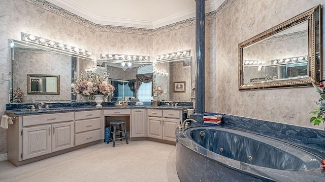 full bathroom with double vanity, a jetted tub, crown molding, and a sink