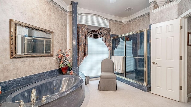 interior space featuring crown molding, carpet flooring, and visible vents