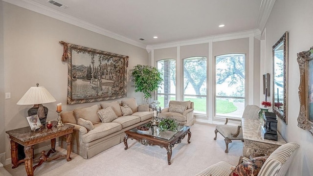 living area with visible vents, carpet flooring, and crown molding