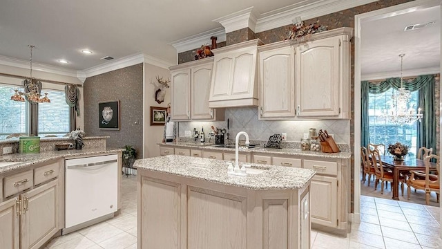 kitchen with ornamental molding, decorative backsplash, white dishwasher, hanging light fixtures, and a notable chandelier