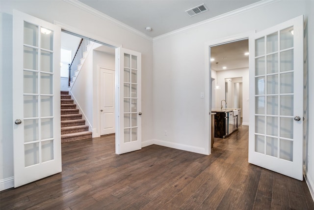 814 Davids Way, Allen, TX 75013 - unfurnished room with dark wood finished floors, visible vents, french doors, and stairs