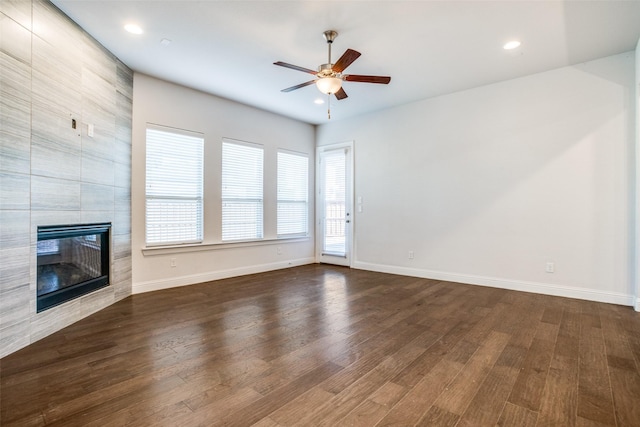 814 Davids Way, Allen, TX 75013 - unfurnished living room with a ceiling fan, baseboards, recessed lighting, a fireplace, and dark wood-type flooring