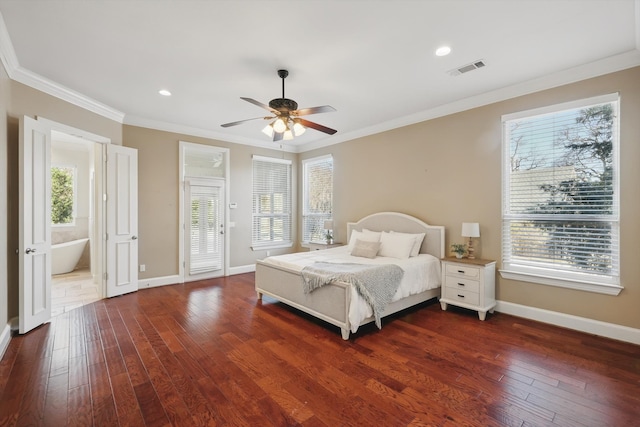 bedroom featuring visible vents, multiple windows, crown molding, and dark wood-type flooring