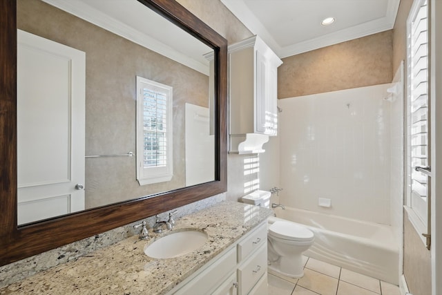 full bathroom featuring toilet, ornamental molding, tile patterned flooring, shower / bath combination, and vanity