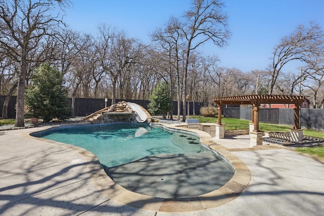 view of pool featuring a pergola, a fenced backyard, a water slide, a fenced in pool, and a patio area