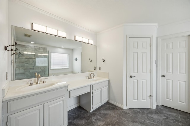 full bathroom with visible vents, ornamental molding, a stall shower, and a sink