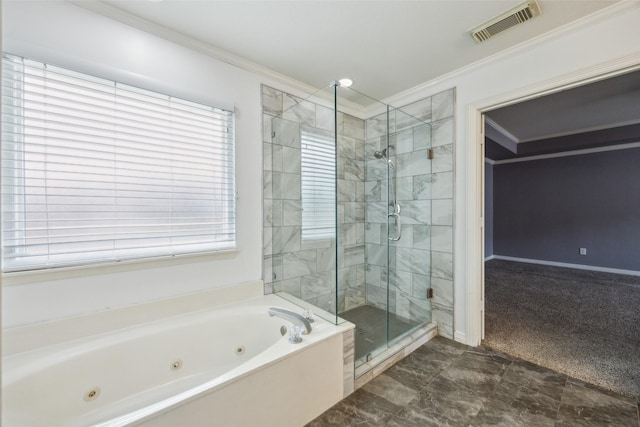 full bathroom featuring visible vents, crown molding, baseboards, a stall shower, and a tub with jets