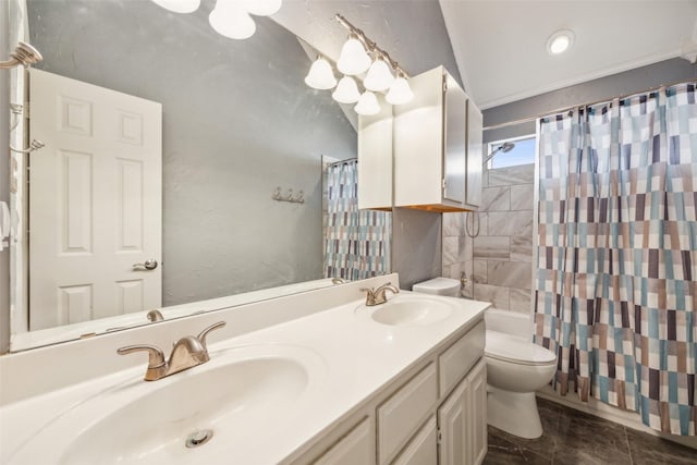 full bathroom featuring a sink, toilet, shower / bath combo, and double vanity