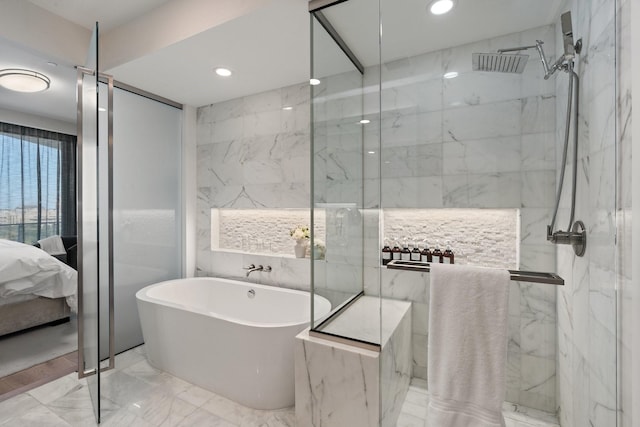 bathroom with a marble finish shower, a soaking tub, marble finish floor, and connected bathroom