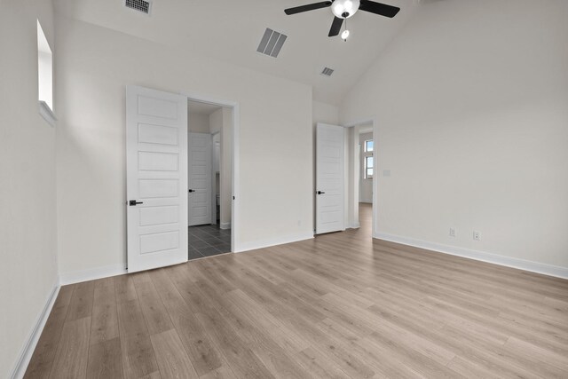 3100 Colt Ln, Celina, TX 75009 - unfurnished bedroom with light wood finished floors, high vaulted ceiling, baseboards, and a ceiling fan